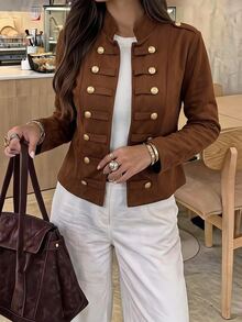 SHEIN Clasi Plus Size Women's Button Design Casual Minimalist Long Sleeve Brown Jacket - Brown - View 7
