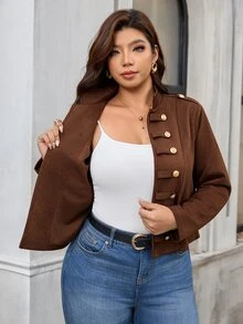 SHEIN Clasi Plus Size Women's Button Design Casual Minimalist Long Sleeve Brown Jacket - Brown - View 8