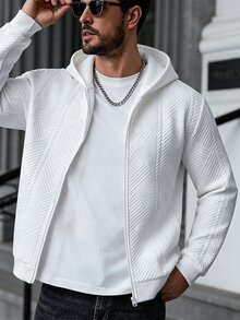 Manfinity CasualCool 男士白色連帽衛衣，秋季街頭風，城市度假，純色長袖上衣，老錢風休閒戶外穿搭 - 白色 - 查看 5