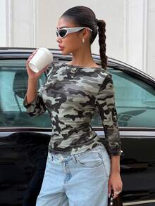 Muchica Women's Autumn New Camouflage Pattern Boat Neck Three-Quarter Sleeve Fitted T-Shirt - Army Green - View 4