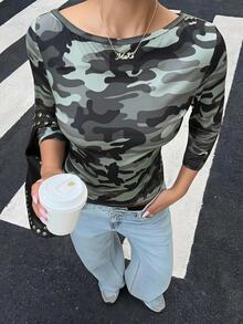 Muchica Women's Autumn New Camouflage Pattern Boat Neck Three-Quarter Sleeve Fitted T-Shirt - Army Green - View 3
