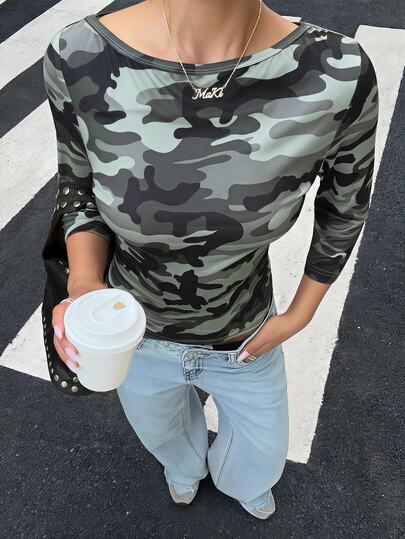 Muchica Women's Autumn New Camouflage Pattern Boat Neck Three-Quarter Sleeve Fitted T-Shirt