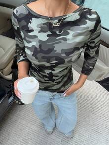 Muchica Women's Autumn New Camouflage Pattern Boat Neck Three-Quarter Sleeve Fitted T-Shirt - Army Green - View 5