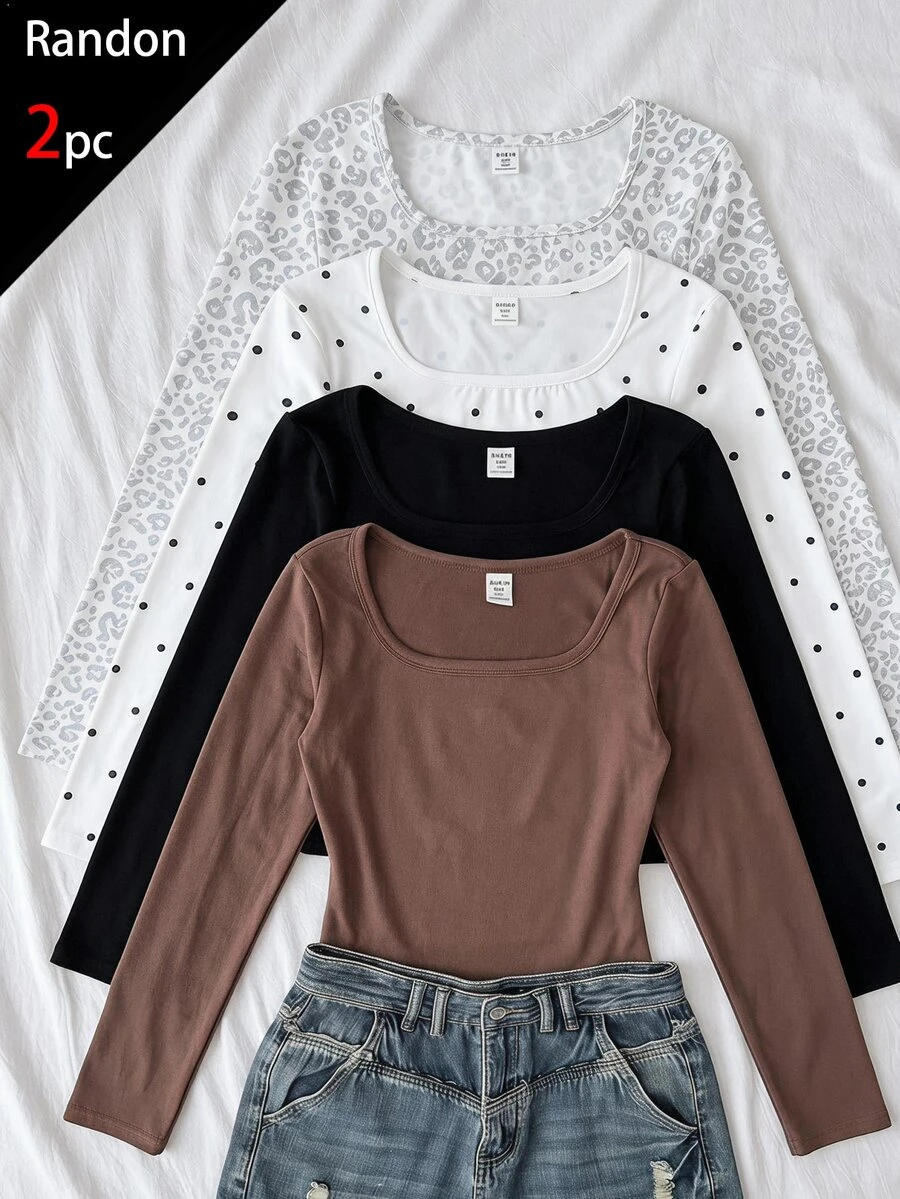 2pcs/Set Girls' Autumn/Winter New Casual Simple Comfortable Knit Leopard Print Polka Dot Square Neck Long Sleeve T-Shirt - Multicolor - View 1