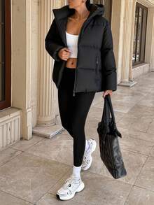 SHEIN Tall Size Women Solid Black Color Hooded Drawstring Detailed Padded Casual Winter Coat - Black - View 4