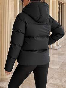SHEIN Tall Size Women Solid Black Color Hooded Drawstring Detailed Padded Casual Winter Coat - Black - View 2