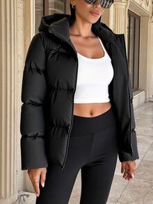 SHEIN Tall Size Women Solid Black Color Hooded Drawstring Detailed Padded Casual Winter Coat - Black - View 3