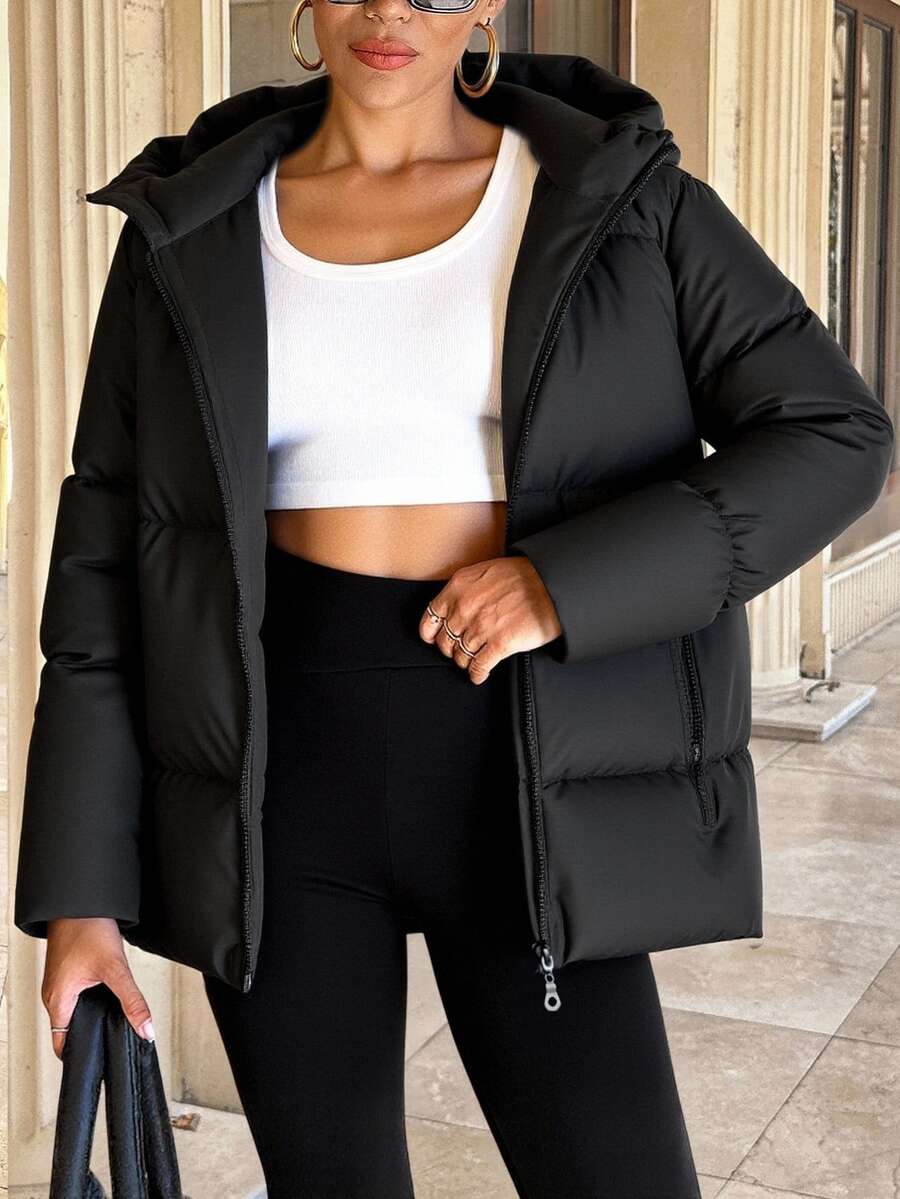 SHEIN Tall Size Women Solid Black Color Hooded Drawstring Detailed Padded Casual Winter Coat - Black - View 1