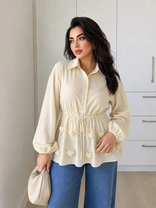 Solavon Plus Size Sweet Button Half-Placket 3D Floral Decor Blouse - Yellow - View 2