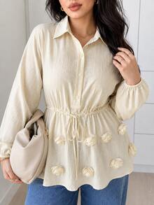 Solavon Plus Size Sweet Button Half-Placket 3D Floral Decor Blouse - Yellow - View 3