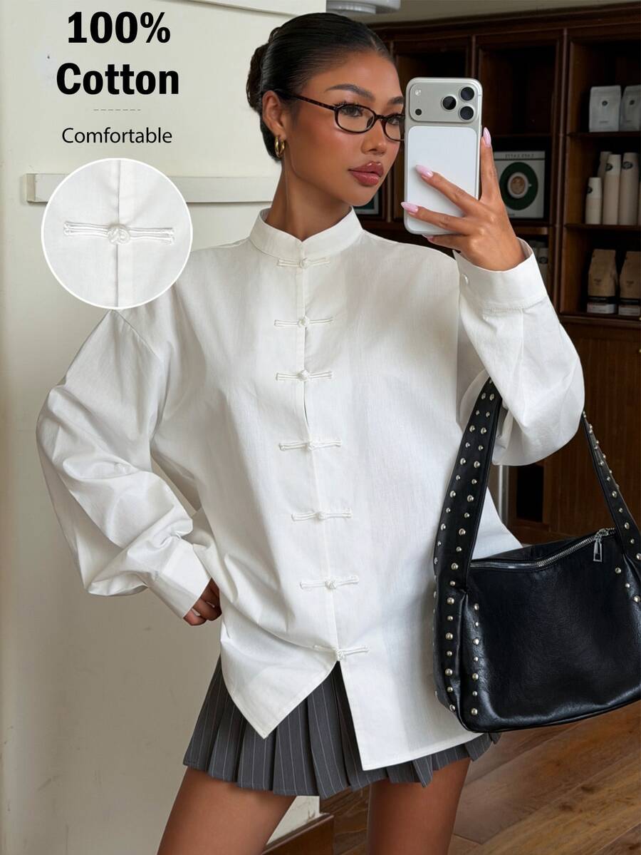 Muchica Women's Autumn New White Modern Chinese Style Stand Collar Frog Button Loose Long Sleeve Blouse - White - View 1