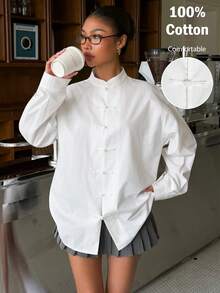 Muchica Women's Autumn New White Modern Chinese Style Stand Collar Frog Button Loose Long Sleeve Blouse - White - View 5