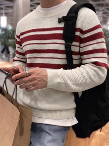 Marvello Homme 男士圓領慵懶長袖套頭毛衣，休閒針織秋冬上衣，寬鬆版型米色與紅色條紋拼接套頭毛衣 - 米色 - 查看 1