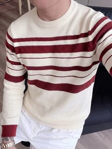 Marvello Homme 男士圓領慵懶長袖套頭毛衣，休閒針織秋冬上衣，寬鬆版型米色與紅色條紋拼接套頭毛衣 - 米色 - 查看 6