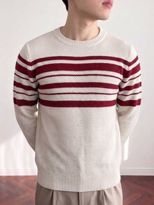 Marvello Homme 男士圓領慵懶長袖套頭毛衣，休閒針織秋冬上衣，寬鬆版型米色與紅色條紋拼接套頭毛衣 - 米色 - 查看 5