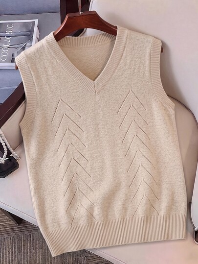 Manfinity CasualKnits Rompi Rajut Tanpa Lengan Leher V Pria, Atasan Tenun Kasual Musim Semi/Gugur, Atasan Tank Rajut Longgar Warna Oatmeal, Rompi Rajut Tanpa Lengan Berlubang Bentuk Panah Serbaguna untuk Perjalanan Sehari-hari