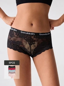 Loungeista 5pcs/Pack Sexy Lace Women's Briefs, Letter Waistband, Mid-Rise Seamless, Comfortable Underwear - Multicolor - View 1