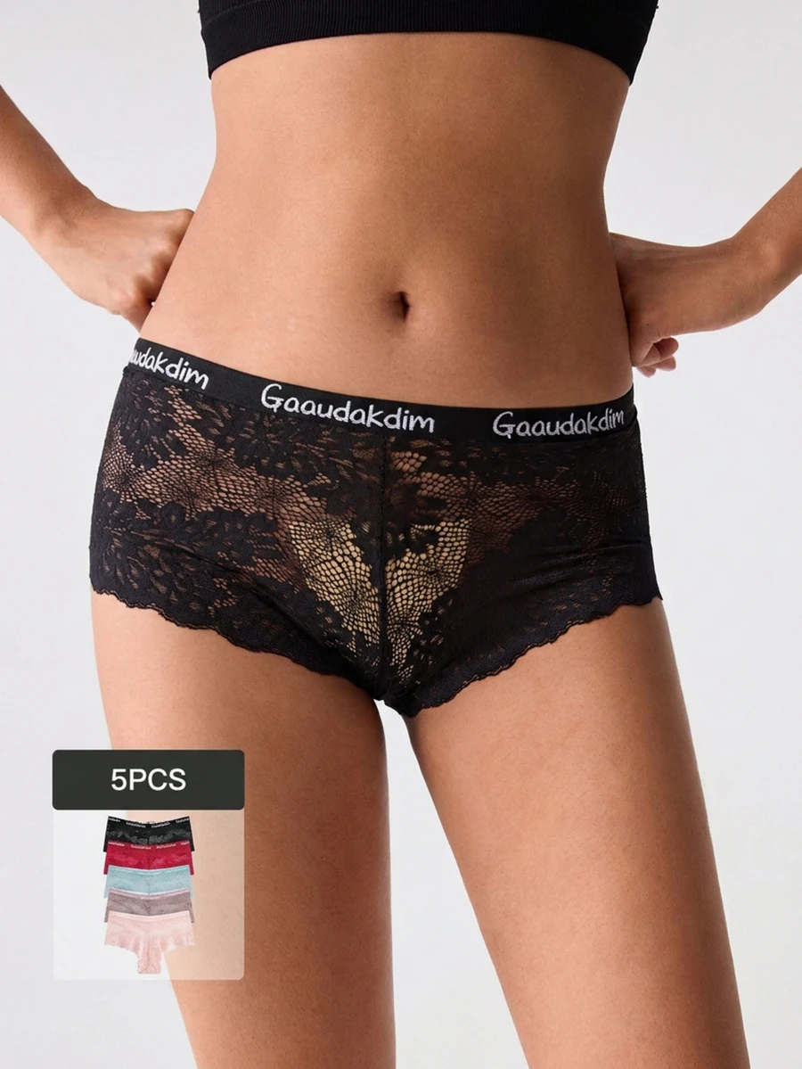 Loungeista 5pcs/Pack Sexy Lace Women's Briefs, Letter Waistband, Mid-Rise Seamless, Comfortable Underwear - Multicolor - View 1