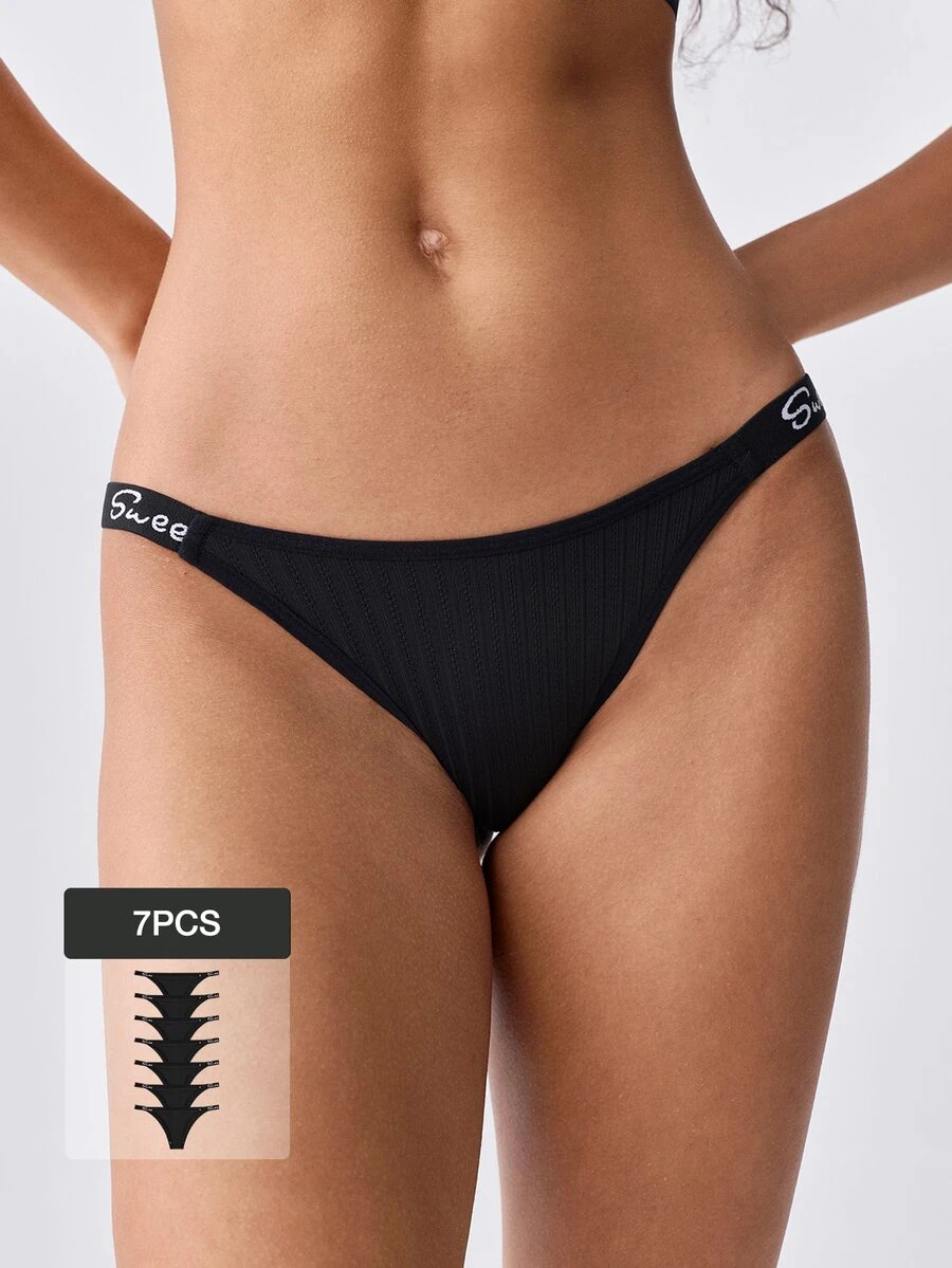 Loungeista 7pcs Women's Ribbed English Letter Waistband Briefs - Black - View 1