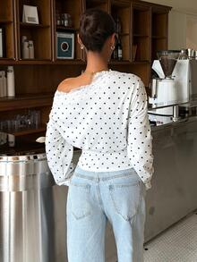 Muchica Women's Autumn New White Polka Dot Pattern Contrast Lace Trim Asymmetrical Shoulder Long Sleeve T-Shirt - White - View 2