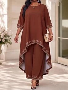 SHEIN Lady Plus Size Women's Paisley Print Top And Pants Casual Daily 2 Pieces Set Fall - Multicolor - View 4