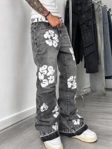 STEELVANCE Streetwear Retro Fashion Serbaguna Desain Distressed Washed Print Ujung Berumbai Slim Fit Elastis Micro Flare Jeans Denim Kasual (Sabuk dan Aksesoris Tidak Termasuk) - Grey - View 1