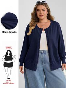 SHEIN CURVE+ 大尺碼休閒純色圓領長袖寬鬆女款上衣 - 藏蓝色 - 查看 3