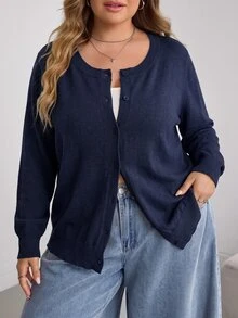 SHEIN CURVE+ 大尺碼休閒純色圓領長袖寬鬆女款上衣 - 藏蓝色 - 查看 8