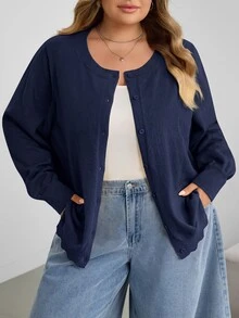SHEIN CURVE+ 大尺碼休閒純色圓領長袖寬鬆女款上衣 - 藏蓝色 - 查看 4