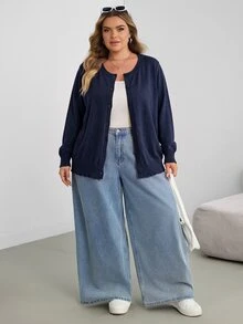 SHEIN CURVE+ 大尺碼休閒純色圓領長袖寬鬆女款上衣 - 藏蓝色 - 查看 6