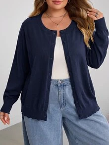 SHEIN CURVE+ 大尺碼休閒純色圓領長袖寬鬆女款上衣 - 藏蓝色 - 查看 7