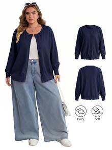 SHEIN CURVE+ 大尺碼休閒純色圓領長袖寬鬆女款上衣 - 藏蓝色 - 查看 1
