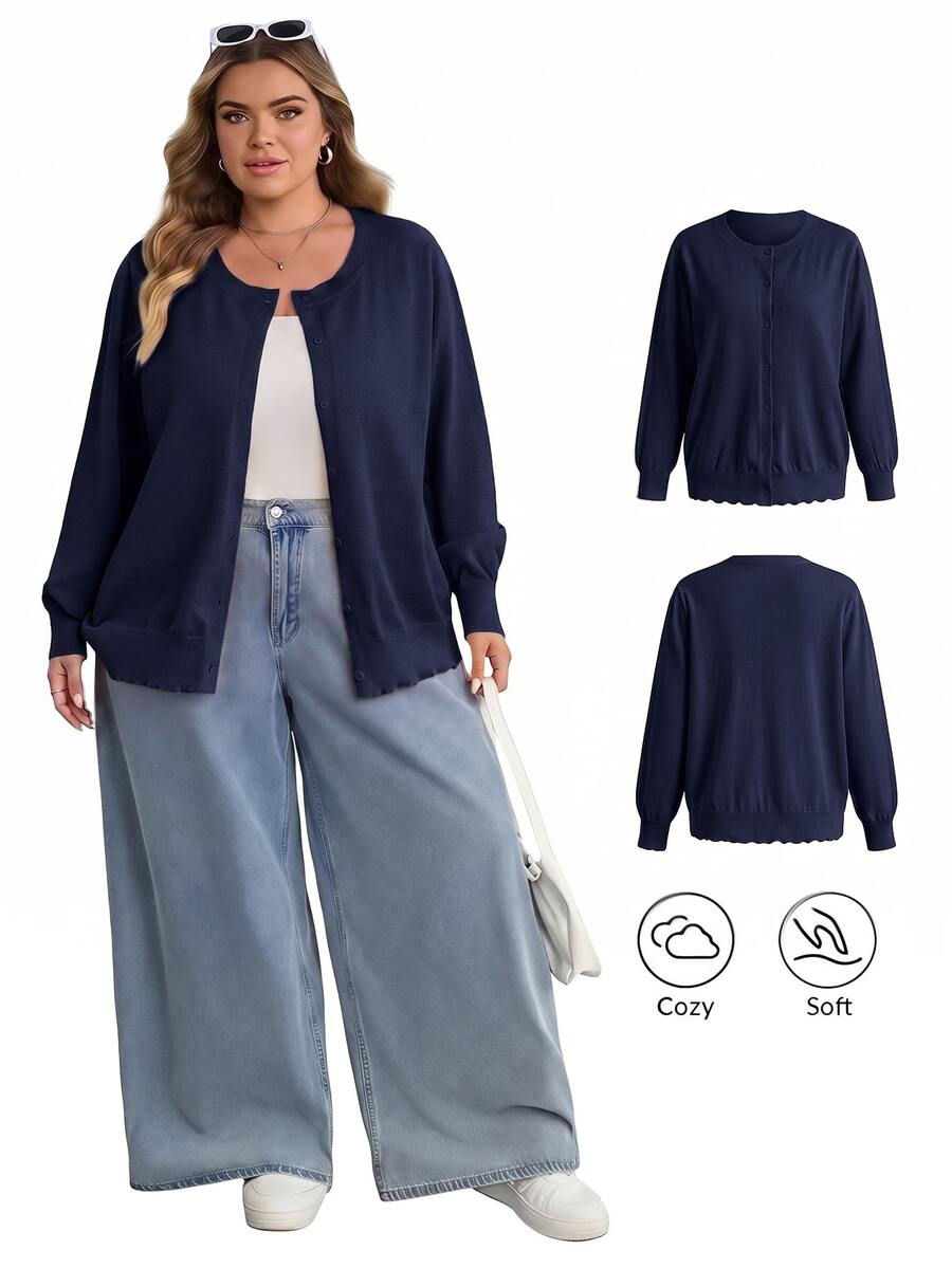 SHEIN CURVE+ 大尺碼休閒純色圓領長袖寬鬆女款上衣 - 藏蓝色 - 查看 1