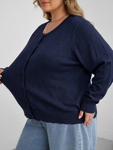 SHEIN CURVE+ 大尺碼休閒純色圓領長袖寬鬆女款上衣 - 藏蓝色 - 查看 5