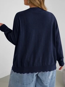 SHEIN CURVE+ 大尺碼休閒純色圓領長袖寬鬆女款上衣 - 藏蓝色 - 查看 2