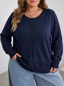 SHEIN CURVE+ 大尺碼休閒純色圓領長袖寬鬆女款上衣 - 藏蓝色 - 查看 9