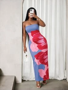 BamGleam Floral Print Bodycon Tube Dress For Summer Maxi Women Outfit - Blue - View 1