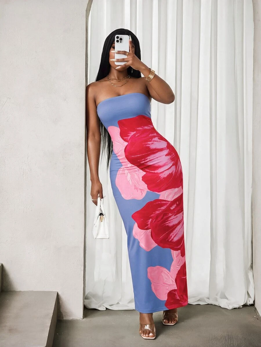 BamGleam Floral Print Bodycon Tube Dress For Summer Maxi Women Outfit - Blue - View 1