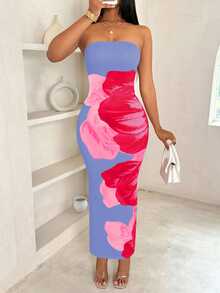 BamGleam Floral Print Bodycon Tube Dress For Summer Maxi Women Outfit - Blue - View 5