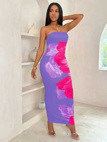 VaVaBold Floral Print Bodycon Tube Dress For Summer Maxi Women Outfit - Purple - View 5