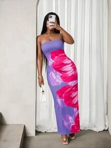 VaVaBold Floral Print Bodycon Tube Dress For Summer Maxi Women Outfit - Purple - View 1