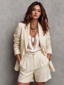 SHEIN Women's Solid Color Notch Lapel Single Button Long Sleeve Jacket And Shorts Casual Daily Suit Set - Light Yellow - View 2