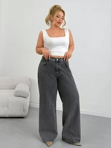 SHEIN Plus Size Women's Casual Fashion Street Style Daily Commute Minimalist Versatile Washed Loose Wide Leg Jeans - Medium Wash - View 6