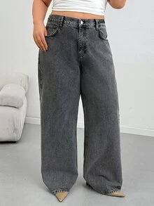 SHEIN Plus Size Women's Casual Fashion Street Style Daily Commute Minimalist Versatile Washed Loose Wide Leg Jeans - Medium Wash - View 3