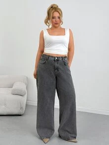 SHEIN Plus Size Women's Casual Fashion Street Style Daily Commute Minimalist Versatile Washed Loose Wide Leg Jeans - Medium Wash - View 4
