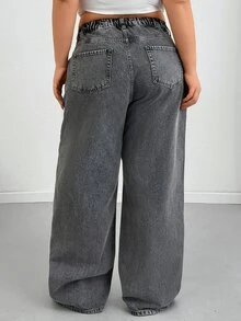 SHEIN Plus Size Women's Casual Fashion Street Style Daily Commute Minimalist Versatile Washed Loose Wide Leg Jeans - Medium Wash - View 2