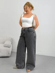 SHEIN Plus Size Women's Casual Fashion Street Style Daily Commute Minimalist Versatile Washed Loose Wide Leg Jeans - Medium Wash - View 5