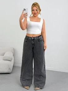 SHEIN Plus Size Women's Casual Fashion Street Style Daily Commute Minimalist Versatile Washed Loose Wide Leg Jeans - Medium Wash - View 1