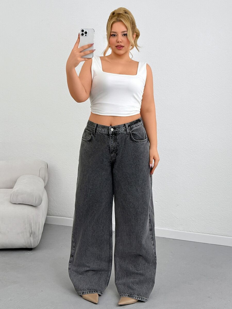 SHEIN Plus Size Women's Casual Fashion Street Style Daily Commute Minimalist Versatile Washed Loose Wide Leg Jeans - Medium Wash - View 1