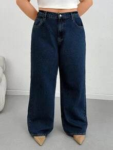 SHEIN Plus Size Women Casual Versatile Pocketed Button Loose Denim Jeans - Medium Wash - View 3